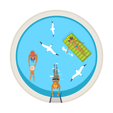 Summer vacation and travel to sea. People having rest on sea. Mom teaches the child to swim, the girls relax in the water and swim on the inflatable mattress, top view. Vector illustration isolated.のイラスト素材