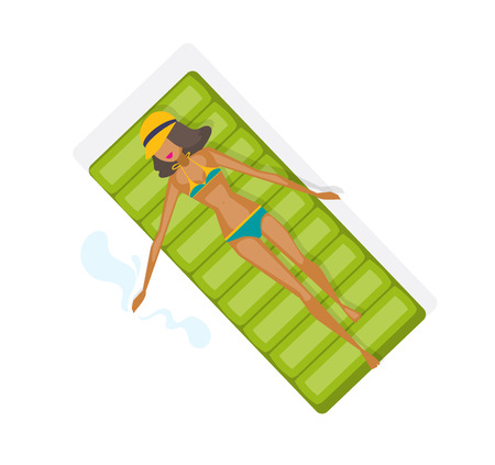 Summer vacation and travel to sea. Young tanned girl character is resting on the beach, floating on an inflatable mattress on the water. Vector illustration isolated in cartoon style.のイラスト素材