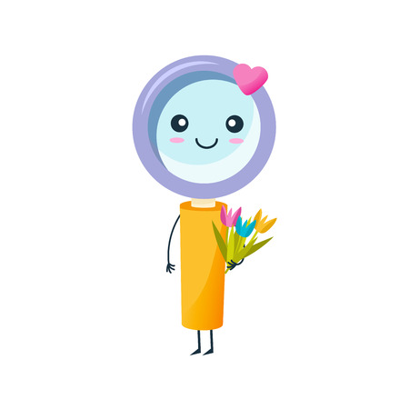 Funny cute magnifying glass with flowers in handsのイラスト素材