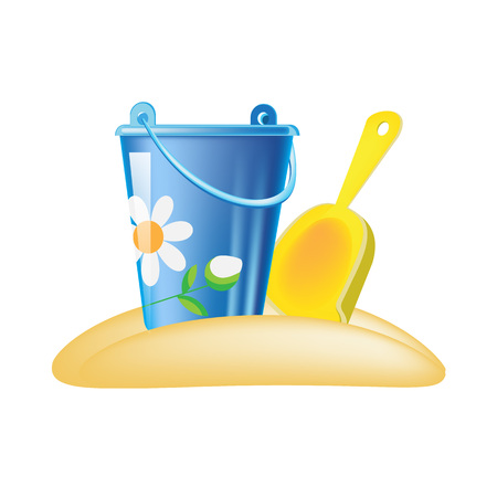 Modern colorful children's toys. Toy store, home kids games. Educational and sports games. Colorful decorative baby bucket and a shovel, on a hill of sand. Vector illustration isolated.のイラスト素材