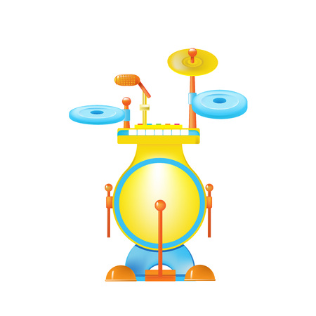 Modern colorful children's toys. Toy store, home kids games. Educational and sports games. Beautiful musical instrument drum with lot of different keys, sounds. Vector illustration.のイラスト素材