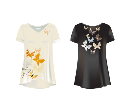 White, black mockup of women s t-shirts - tunics. Front, rear view.のイラスト素材