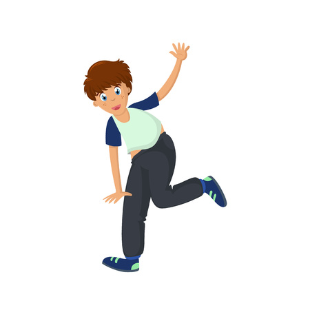 Energetic young guy having fun on white background, vector illustration.のイラスト素材