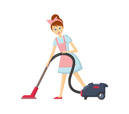 Woman housewife characters. Woman housewife removes dust with vacuum cleaner.のイラスト素材