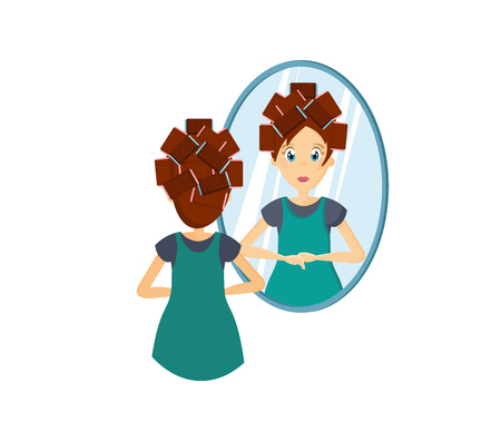 Cartoon character woman. Homemaker, housewife engaged of housework. Affairs girl housewife is standing in front of mirror, doing a hairstyle and do make-up on her face. Illustration in cartoon style.のイラスト素材