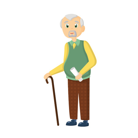 Concept of complete cycle of a person's life from childhood to old age. Elderly man, with a cane and bundle in his hands, in daily clothes, spends his free time.のイラスト素材