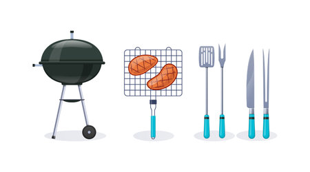 Preparation delicious steaks on grill, in open air, rest, weekend.のイラスト素材