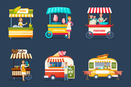 Set of objects street trading; Vendors behind counters with drinks, food, sweets in colored illustration.のイラスト素材