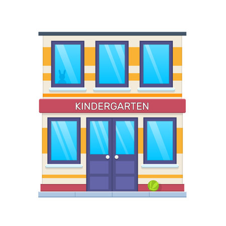 Modern city kindergarten building facade. Kindergarten building with kids group.のイラスト素材