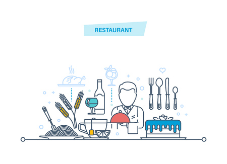 Restaurant thin line icons, pictogram. Employees of restaurant, food, drinks, ingredients for cooking, transportation, food delivery. Illustration thin line design of vector doodles.のイラスト素材