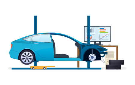 Car repair. Car service. Replacement of tires, wheels, car parts.のイラスト素材