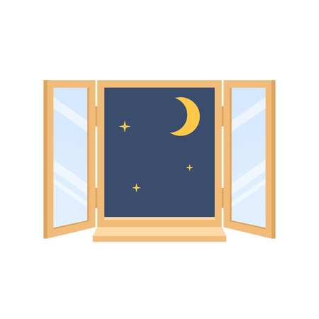 Night sky of city with moon and stars by window in house vector illustrationのイラスト素材