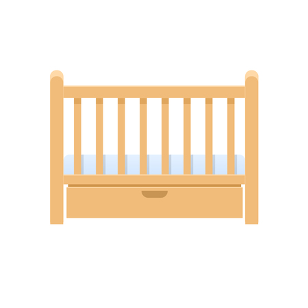 Rectangular wooden bed cradle, with pillow, mattress for infants.の写真素材