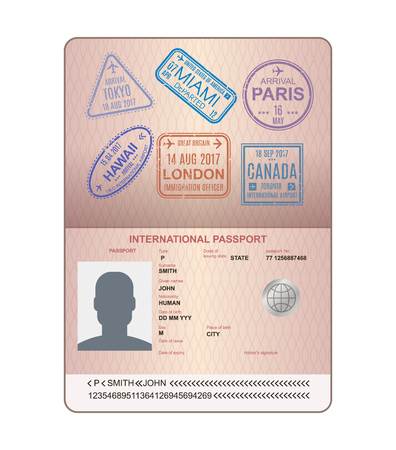 Template of an open passport with stamps, seals. Travel, immigration.のイラスト素材