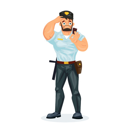 Policeman, with equipment: baton, pistol, handcuffs, walkie-talkie, showing sign ok.のイラスト素材