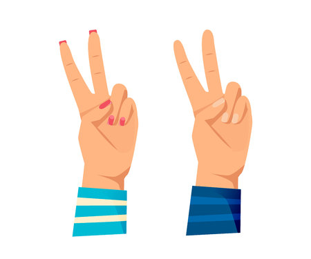 Men's and women s hands with gestures. Human hand, action and sign are all right, good, peace, world. Concept of complete control, success, good standing. Signals man, woman. Vector illustrationのイラスト素材