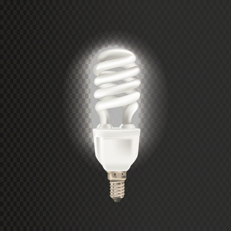 Light realistic luminescence fluorescent lamp, with different bandwidth. Economical, energy-saving light bulbs. Fluorescent lamp in aluminium body, elongated swirling shape vector illustration.のイラスト素材