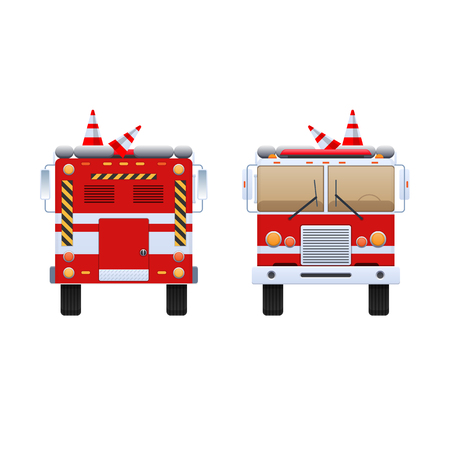 Fire Department. Red truck with white stripes, eliminating fire and fire, help in putting out. The car is a fire truck. Front and rear view. Vector illustration in flat style.のイラスト素材