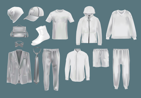 Set mockup men s clothes: hats, caps, socks, t-shirts, sweater, sports sweatshirts, shorts, pants, shirts, jackets socks accessories Template fashion clothes cap mockups Vector illustrationのイラスト素材