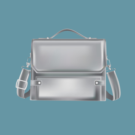 Black men's leather bag with belt. Working briefcase for documents, a casual male accessory. Stylish bag for work, travel, leisure, going to the store, business meetings. Vector illustration isolated.のイラスト素材