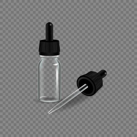 Glass bottle of lacquer and drops for beauty, application to hands, to body. Lacquer, drops for moisturizing, beauty. Cosmetic tube mockup design. Realistic mock-up, transparent. Vector illustration.のイラスト素材