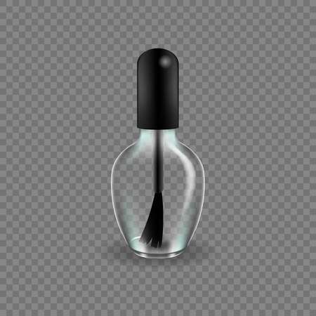 Glass bottle of lacquer for beauty, application to hands. Lacquer for moisturizing. Cosmetic tube mockup design. Cosmetic ads template. Realistic mock-up, transparent. Vector illustration.のイラスト素材