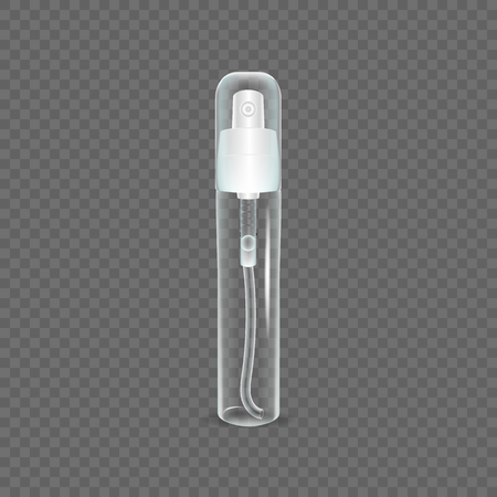 Glass bottle of spray for freshness, application to the body. Tube gel for moisturizing. Cosmetic tube mockup design. Cosmetic ads template. Realistic mock-up, transparent. Vector illustration.のイラスト素材