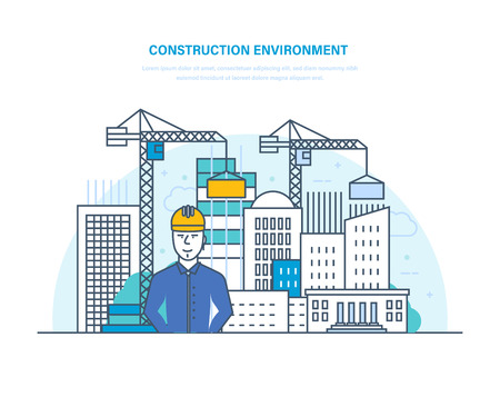 Construction environment. Control for process building home. Building construction, engineering.のイラスト素材