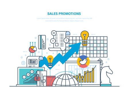 Sales promotions concept with chess pieces, graphs, arrow, lightbulb. Vector illustration.のイラスト素材