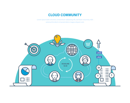 Cloud community. Partnership, joint work, communication, social activity in network,のイラスト素材