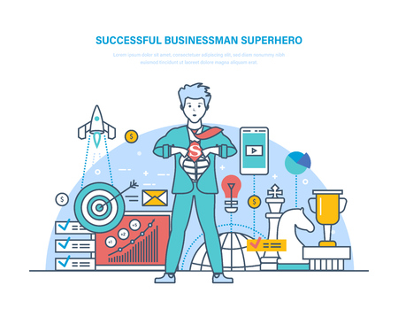 Cartoon character superhero businessman. Successful businessman. Development and expansion business.のイラスト素材