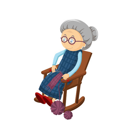 Old gray-haired grandmother, sits in cozy chair rocking, embroidering, knitting.のイラスト素材
