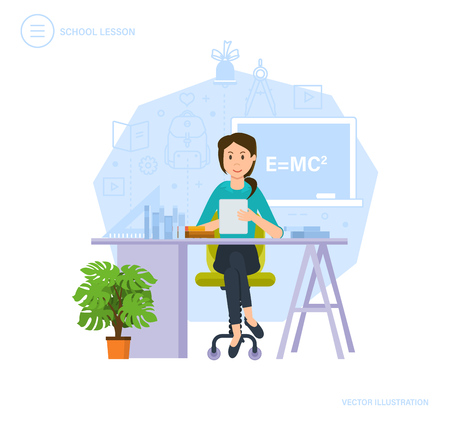 School lesson. System education, getting knowledge, training. School classroom interior.のイラスト素材