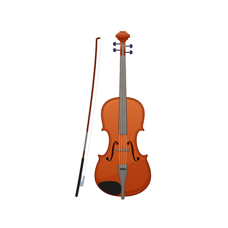 Realistic wooden musical violin, with wand. Carved classical musical instrument.のイラスト素材