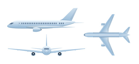 Air vehicles. Flying airplane, airliner. Passenger plane in different angles.のイラスト素材