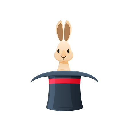 Magic hat with rabbit inside. Accessories are an illusionist, magician. Clothes for masquerade, halloween, birthdays. Mysticism, miracles. Item for game user interface, web games. Vector illustrationのイラスト素材