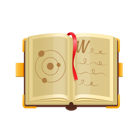 Colorful old magical open book with mystical, magical spells, astrological material, illustrations, old dusty pages. Alchemy book with recipes. Vector illustration isolated.のイラスト素材