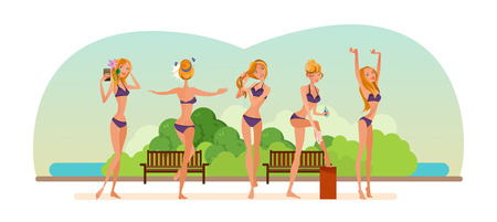 Summer rest on river. Girl in bikini, resting in park.のイラスト素材