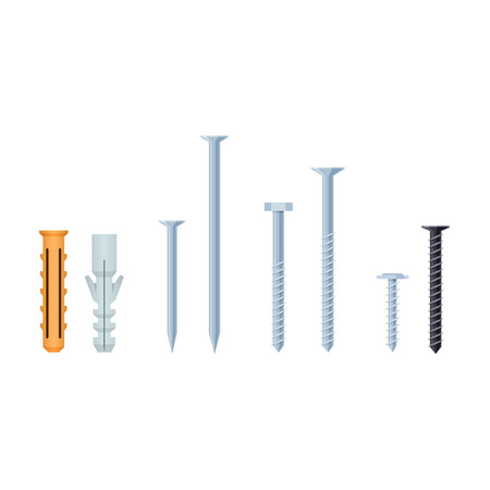 Set of construction screws, nails, bolts, plastic dowels.のイラスト素材
