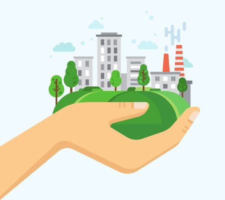 Environment protection, use of natural clean products. Clean city, landscapes. Vector illustration.のイラスト素材