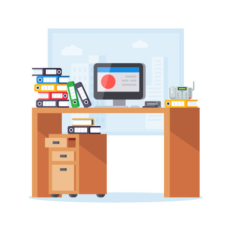 Office workplace with pile of paper documents and file folders.のイラスト素材