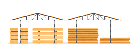 Industrial plant, wood processing, production. Building, factory with wood.のイラスト素材