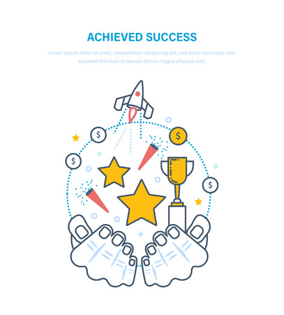 Achieved success. Sporting achievements, successful startup projects, career growth, leadership, emotional position, financial well-being, success in business. Illustration thin line design.のイラスト素材