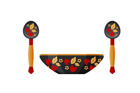 Wooden decorative carved spoons, cup with patterns and ornaments.のイラスト素材
