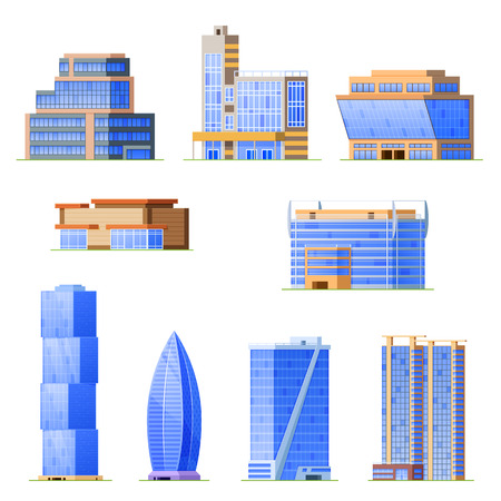 Set of skyscraper urban office buildings, modern high-rise architectural structures.のイラスト素材