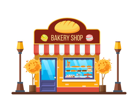 Autumn modern city bakery shop building facade, store.のイラスト素材