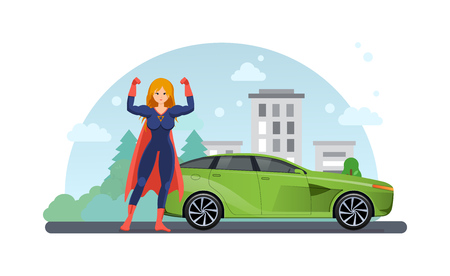 Woman superhero near road with car near. Drive by car.のイラスト素材