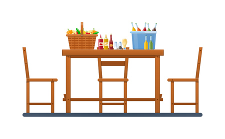 Set products and vegetables, in wicker basket. Wooden furniture.のイラスト素材
