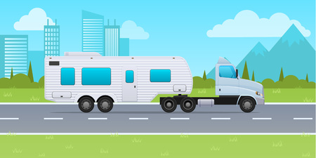 Truck with trailer. Movement on road on background of nature.のイラスト素材