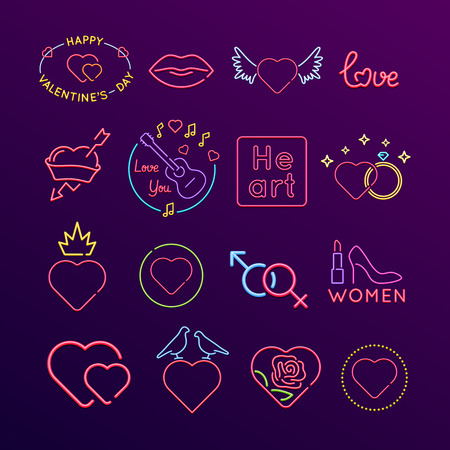 Set of neon signs, bright signage. Concept Valentines Day, love.のイラスト素材